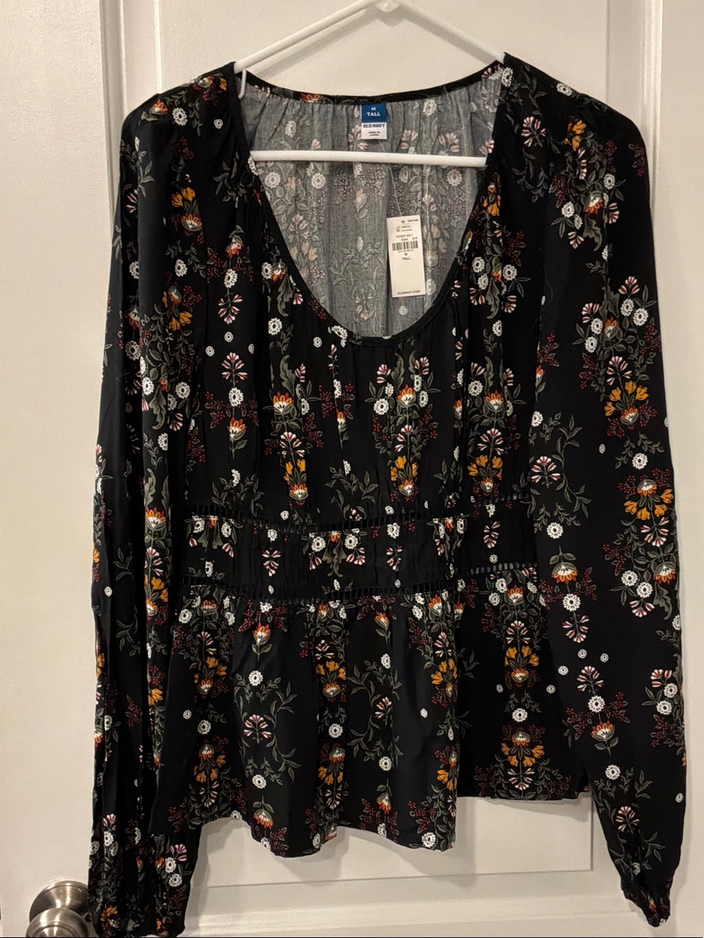 Old Navy Black Floral Long-Sleeve Smocked-Peplum Blouse